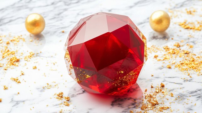 Geometric breakable chocolate sphere with a glossy red finish, placed on a marble background with edible golden sprinkles