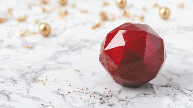 Geometric breakable chocolate sphere with a glossy red finish, placed on a marble background with edible golden sprinkles