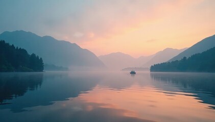 Fototapeta premium Foggy bodensee lake with silhouetted boats and sky, boats, nature