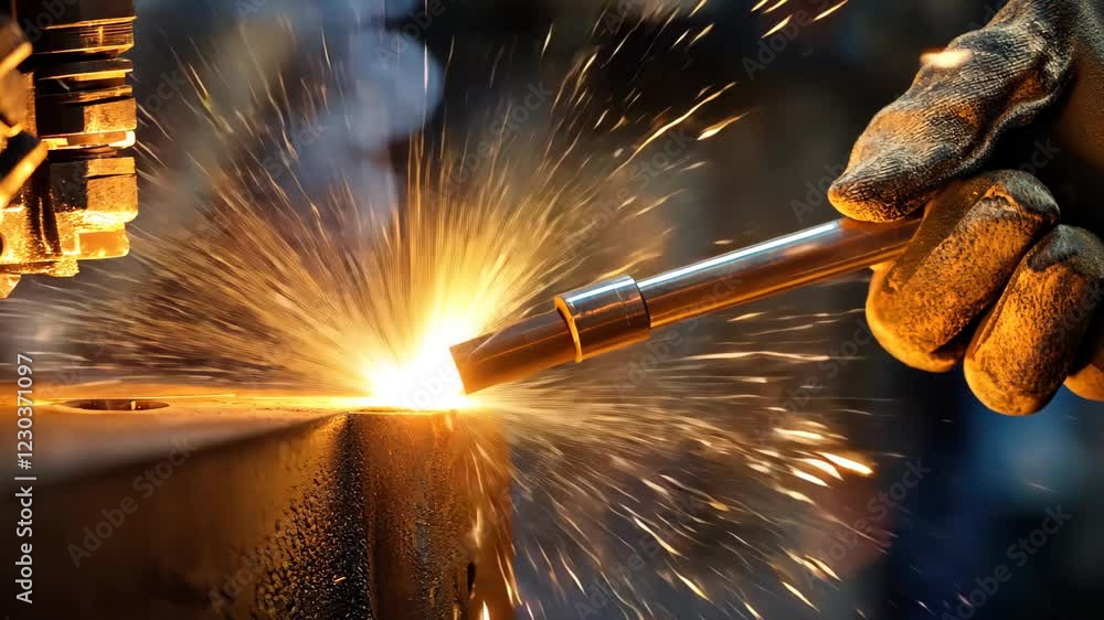 Poster closeup of a skilled welder creating sparks in a vibrant workshop environment, closeup of a welder w