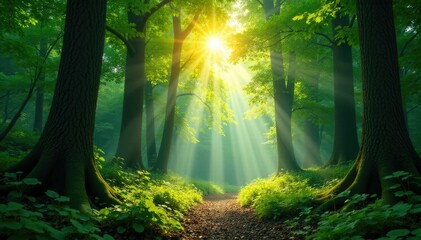 Obraz premium Forest canopy sunlight filtering through leafy greens, undergrowth, nature, foliage