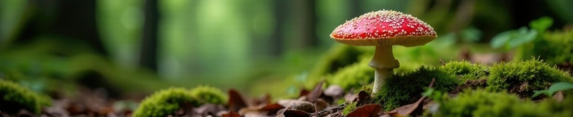 Fototapeta premium Forest floor carpeted with amanita fly agaric, amanita fly agaric, mycelium, forest environment