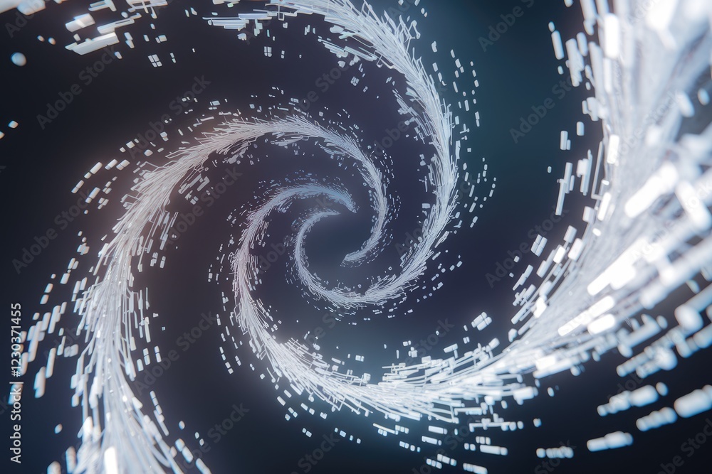 Aufkleber Abstract swirling vortex of white lines and blocks against a dark background, creating a dynamic and futuristic visual.