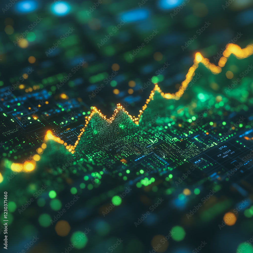 Poster digital growth surge: a mesmerizing abstract depiction of a data surge, captured in a digital landsc