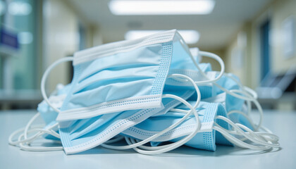 Clean masks stacked in clinic environment, representing safety measures