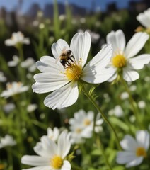 Fototapeta premium Shot of a bee walking along the edge of a white wildflower, white, pollen , insects