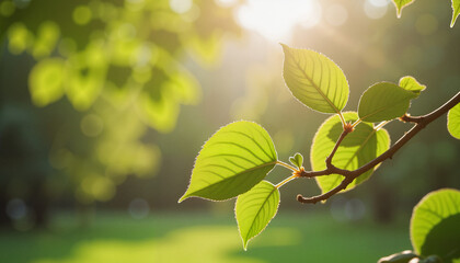 Emerging leaves glowing in morning light, sign of renewal