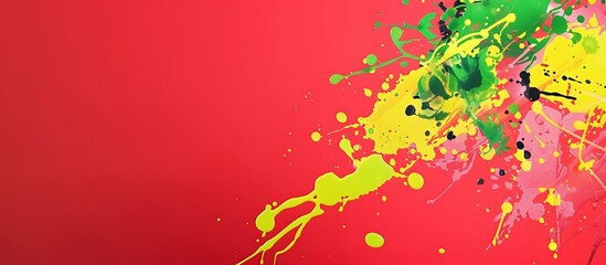 Vibrant background with splashes of green, yellow, and pink on solid red.