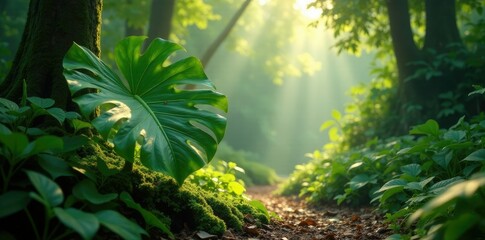 Large Monstera plant in a clearing with sunlight filtering, monstera, nature