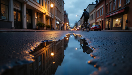 Fototapeta premium Bike rider reflecting in puddle on city street at twilight, urban ambiance