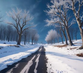 Fototapeta premium Snow-covered ground with bare trees and a dark blue sky, dark sky, frosty atmosphere