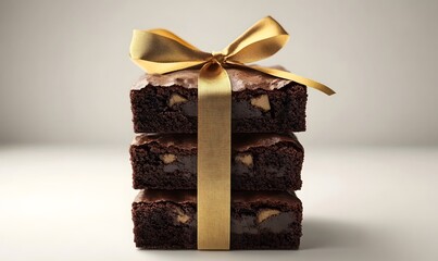 Gourmet brownies studio shot, gold ribbon, gift, dessert, white background