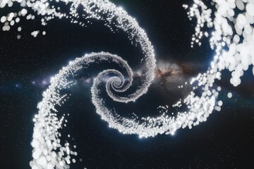 A mesmerizing cosmic spiral of glittering particles against a backdrop of a nebula, evoking a sense of wonder and mystery.
