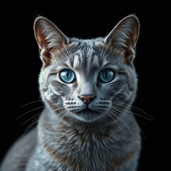 Fototapeta premium Gray cat with striking blue eyes against a dark background