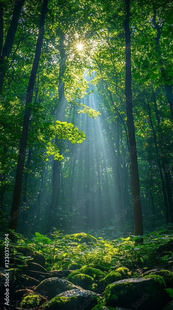 Poster sunlight pierces through the dense canopy of a vibrant summer forest, illuminating the lush underbru