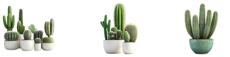 Cactus plant pot isolated on transparent background, PNG, set of