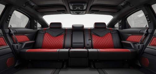 Luxury car interior showcasing rear seating with a bold red and black design