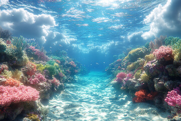 Naklejka premium Vibrant Coral Reef Underwater Scene With Sunlit Sandy Path