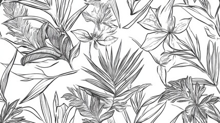 Floral Seamless Pattern Featuring Hand-Drawn Botanical Elements, Elegant Monochrome Design, Captivating Nature-Inspired Background