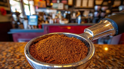 close-up of a portafilter filled with tightly packed used coffee grounds, removed from an espresso machine after brewing, with a coffee shop counter in the background Coffee grounds, espresso 