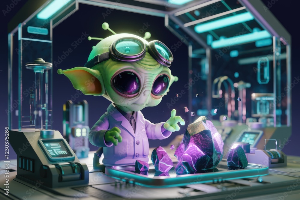 Poster a cute alien scientist in a lab coat examines glowing crystals in a futuristic laboratory.
