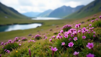 Fototapeta premium Short Arctic summer showcases purple saxifrage blooming in the distance, Distance, , Blooming flowers