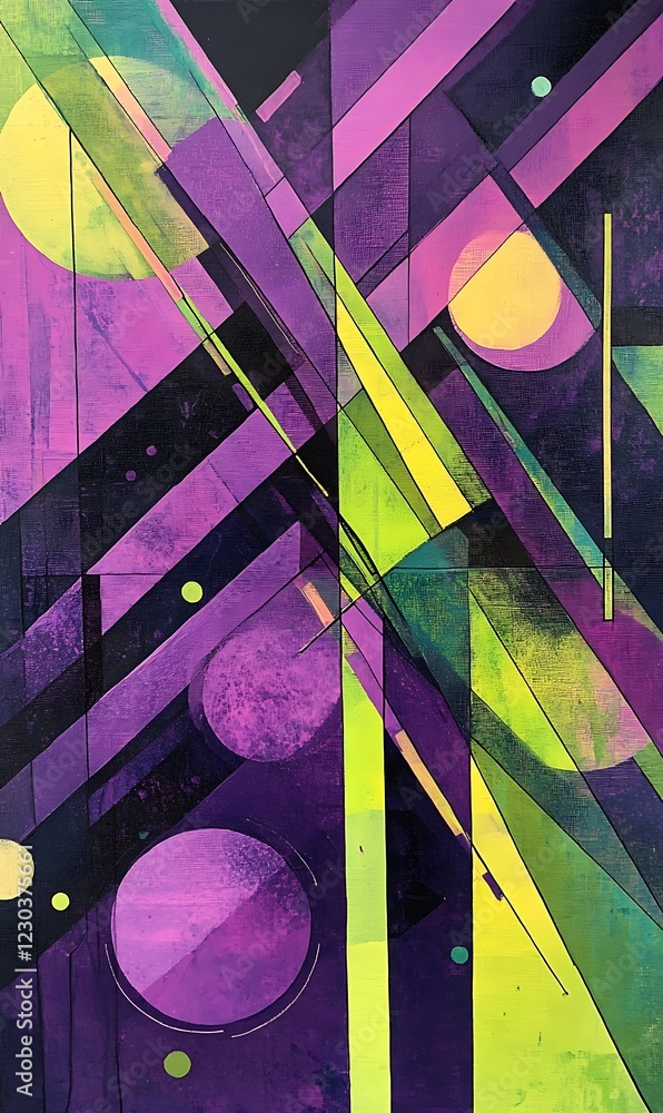 Poster abstract background featuring neon green and purple diagonal lines with soft pastel circles and geom