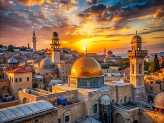 Fototapeta premium Panoramic Rooftop View of Jerusalem's Old City Skyline at Sunset