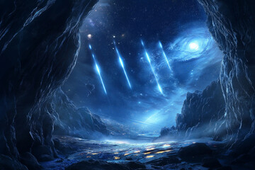 Meteor showers over a glowing crystal canyon on a distant planet