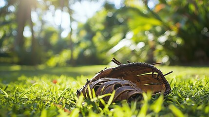 Fototapeta premium Vintage Leather Baseball Glove in Lush Green Grass Outdoors