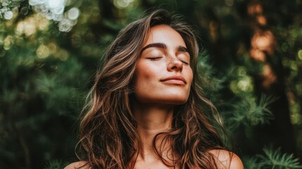 Fototapeta premium Young Woman in Nature with Closed Eyes and Serene Expression