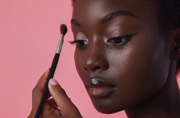 Obraz premium Beauty portrait of young african american woman with makeup brush, Ai Generated