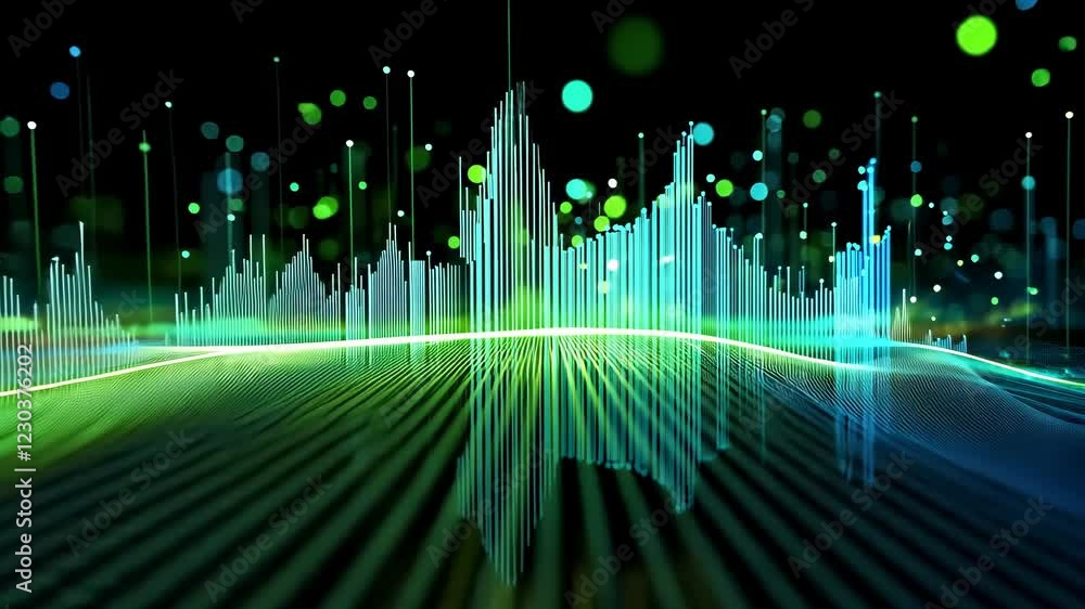 Poster a futuristic digital landscape featuring vibrant 3d data visualizations with glowing green and blue 