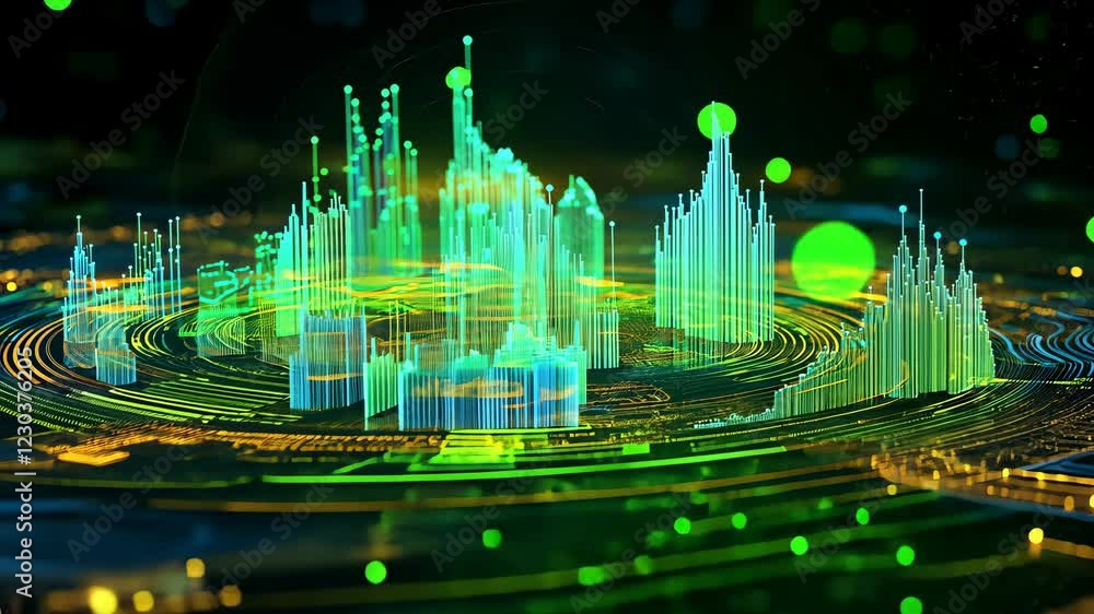 Poster a stunning digital landscape showcasing glowing, three-dimensional data visualizations in vibrant gr