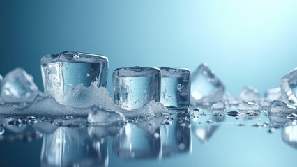 Fresh ice cubes melting on a reflective wet surface with scattered water puddles	