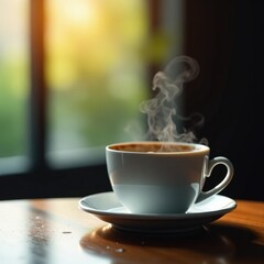 Steam rising from the cup as it sits on table, cloud, hot, coffee