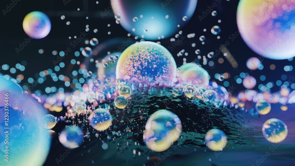 Fototapete iridescent bubbles float on a dark surface, creating a magical, ethereal scene.