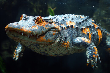 Fototapeta premium A Colorful Alligator Submerged In Dark Water