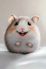 Happy hamster smiling, fluffy fur, soft background, pet poster