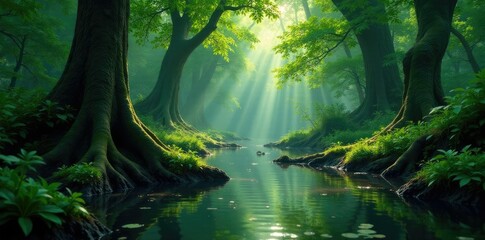 Fototapeta premium Swampy landscape with dark green foliage and water, water, tree roots, foliage