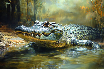 Obraz premium Alligator in a Swampy Water Habitat