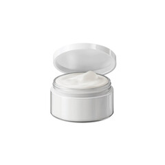 Opened white cosmetic jar with cream lotion with a lid, isolated on a transparent background