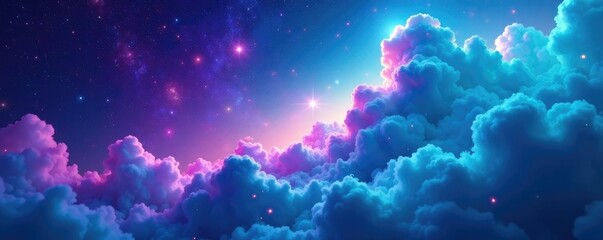Swirling clouds of turquoise and purple blend with starlight, galaxy, turquoise
