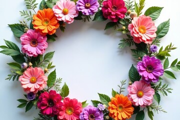 Fototapeta premium A colorful floral wreath made of flowers and greenery in shades of pink, purple, and orange, colors, flowers