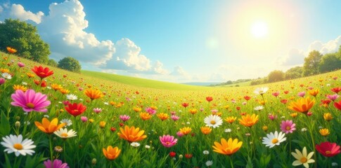 Fototapeta premium A colorful meadow filled with flowers sways gently in the breeze under a radiant sunny sky with gentle clouds, garden, meadow