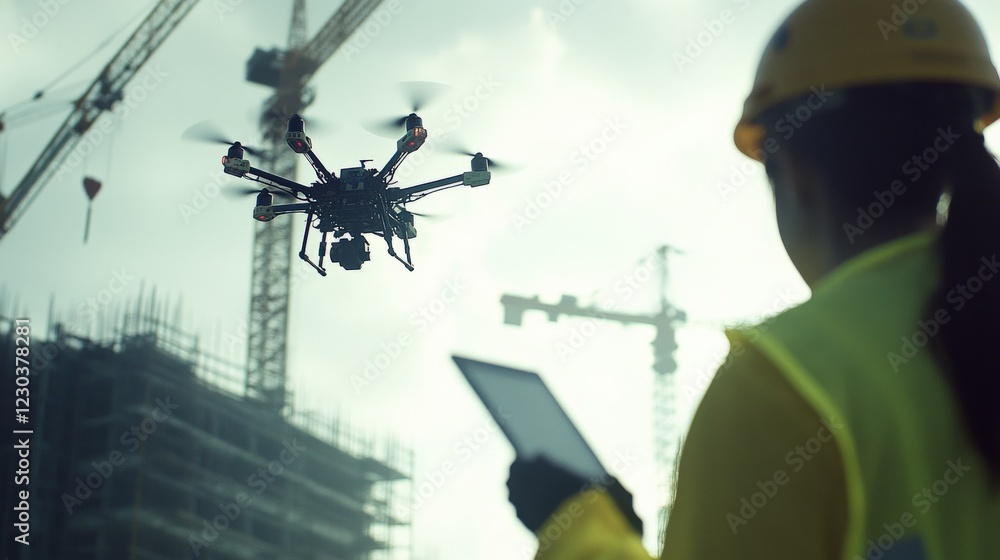 Poster construction worker operating a drone at a building site with cranes in the background