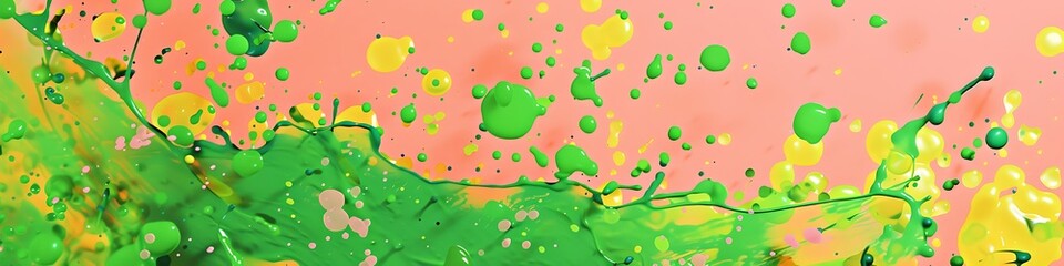 Vibrant splashes of green, yellow, and pink on a solid coral background.