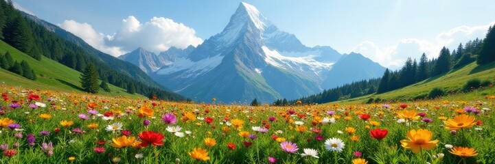 Fototapeta premium A field of colorful wildflowers blooms beneath the majestic grandeur of Mont Blanc, scenery, mountain scenery, wildflowers