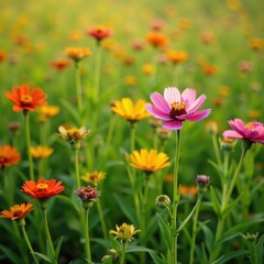 Obraz premium A field of wildflowers with bright red seeds amidst the blooms, garden, botanical, flora