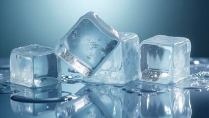 Fresh ice cubes melting on a reflective wet surface with scattered water puddles	